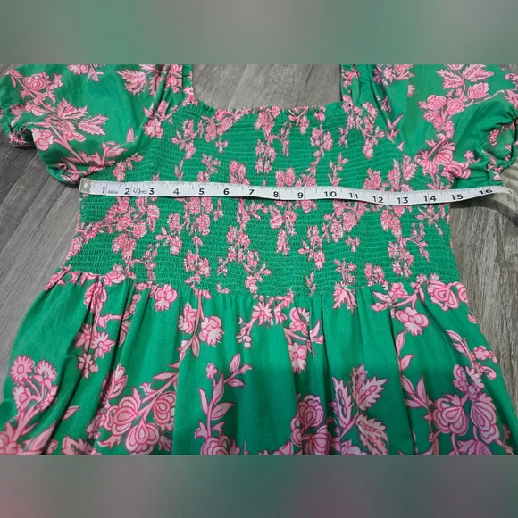 J. Crew Factory Smocked Midi Dress Floral Green/ Pink Puff Short Sleeves Size M - Picture 11 of 13
